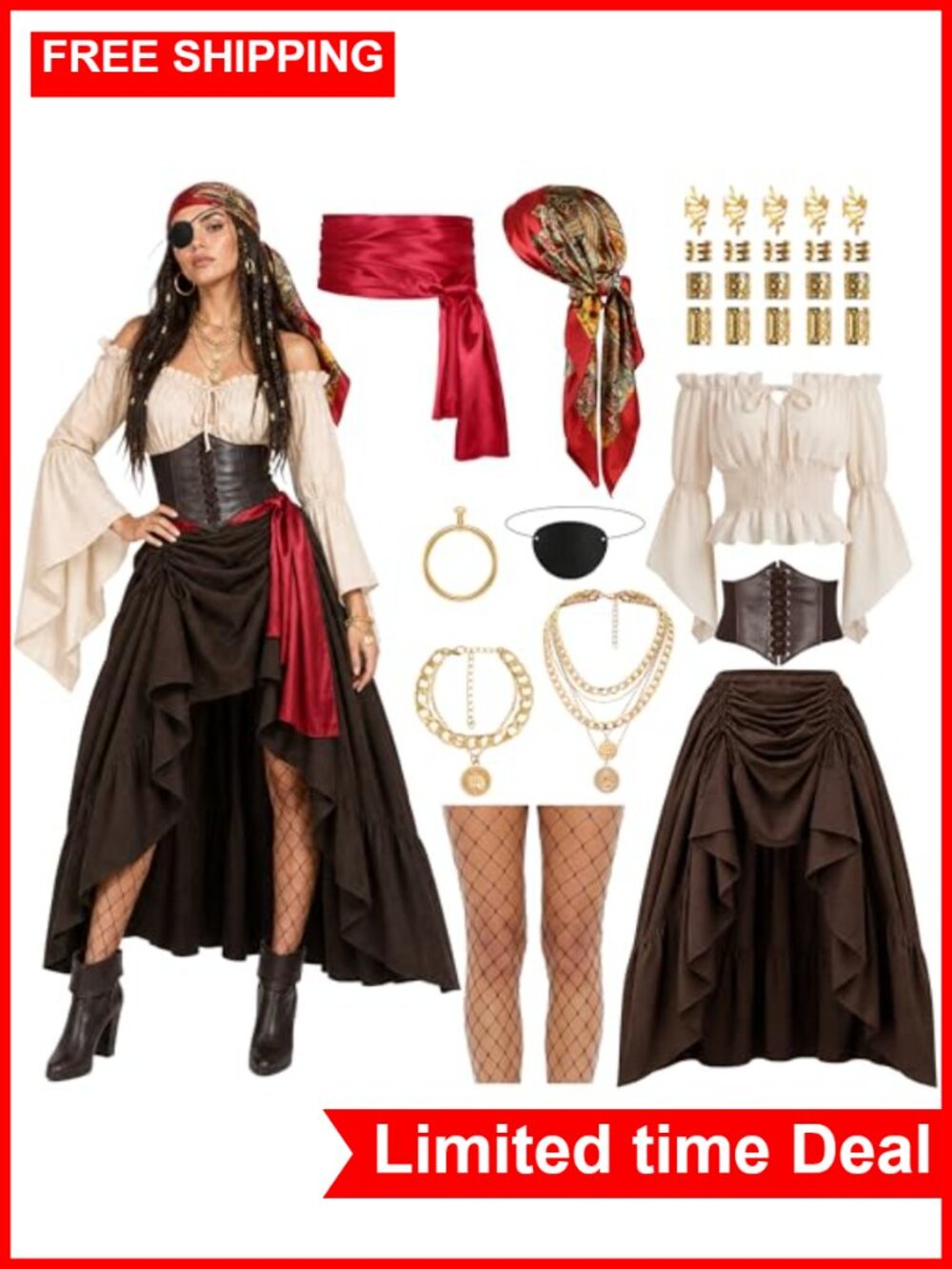 Renaissance Pirate Costume Full Set Tops Skirt Scarf Belt